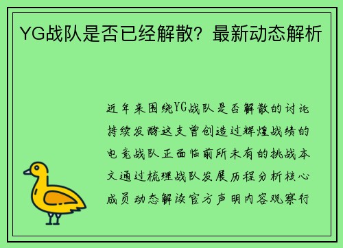 YG战队是否已经解散？最新动态解析