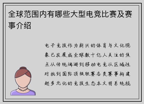 全球范围内有哪些大型电竞比赛及赛事介绍