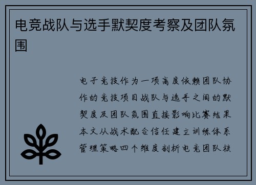 电竞战队与选手默契度考察及团队氛围