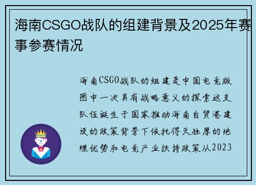 海南CSGO战队的组建背景及2025年赛事参赛情况