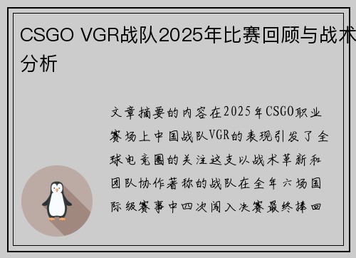 CSGO VGR战队2025年比赛回顾与战术分析